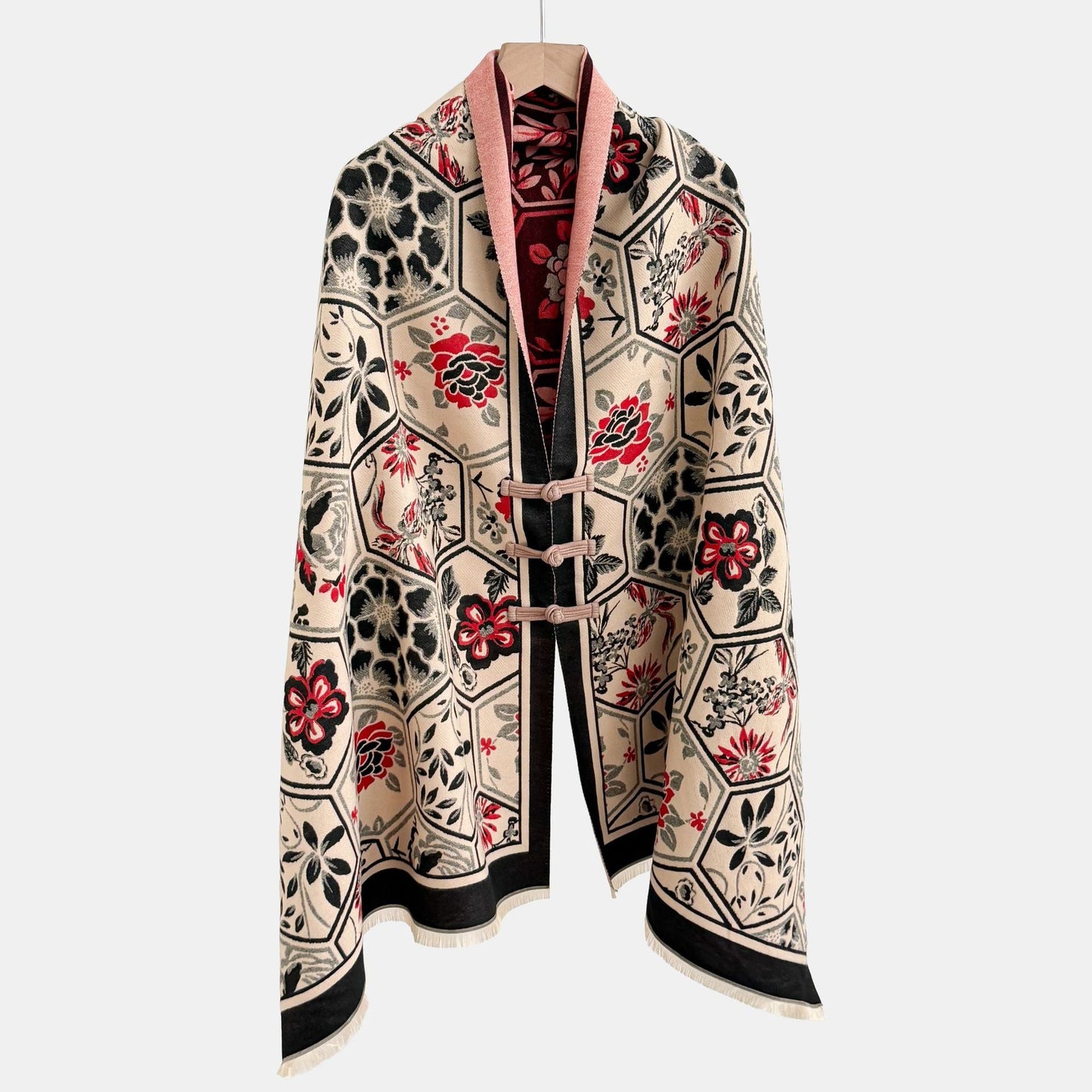Vintage Knot-button Outerwear Jacquard Shawl