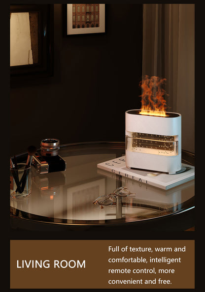 Modern electric fireplace in a living room setting with text describing its features.