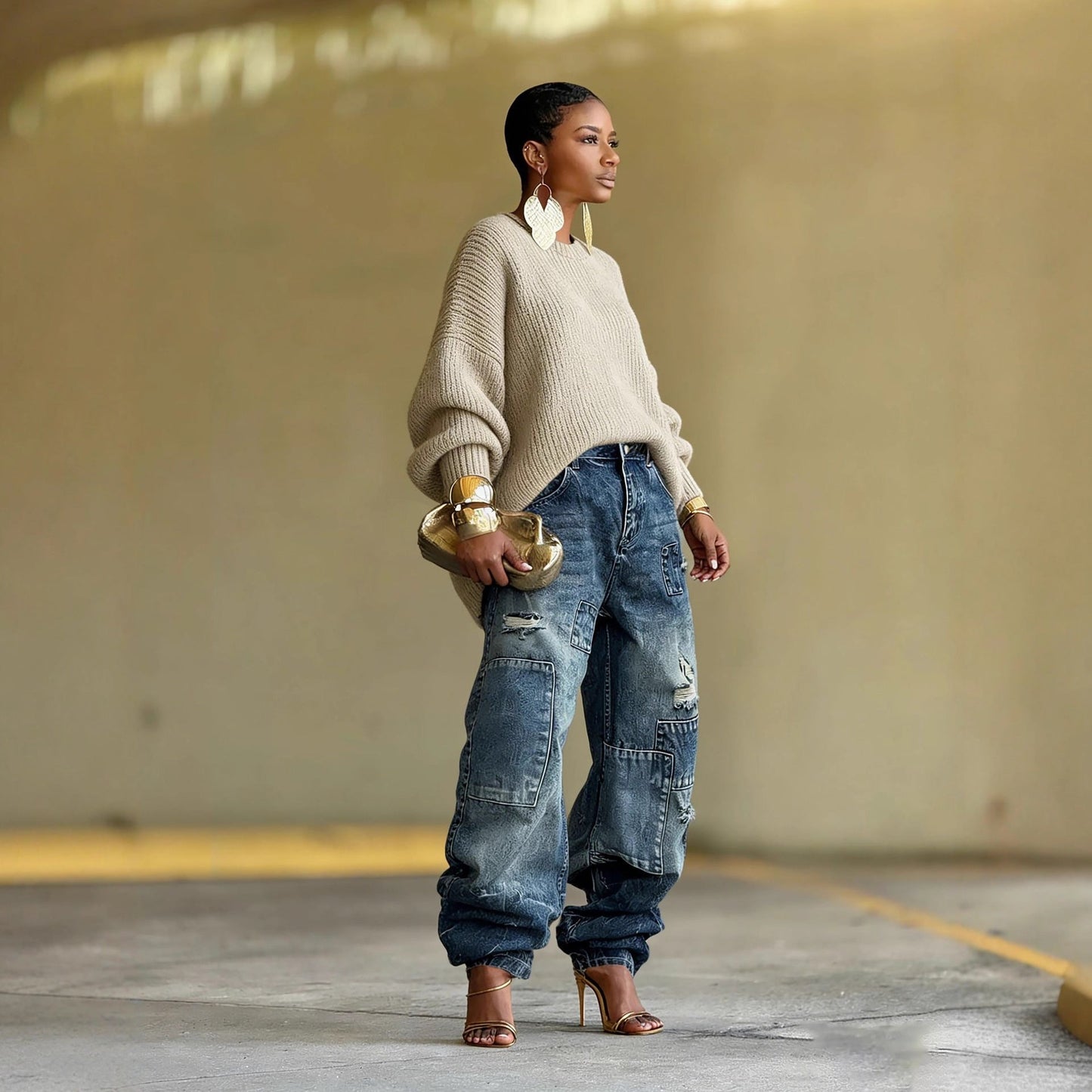 New-style Distressed Patchwork Washed Denim Jeans