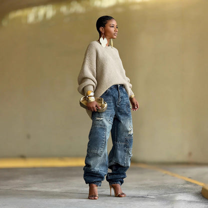 New-style Distressed Patchwork Washed Denim Jeans