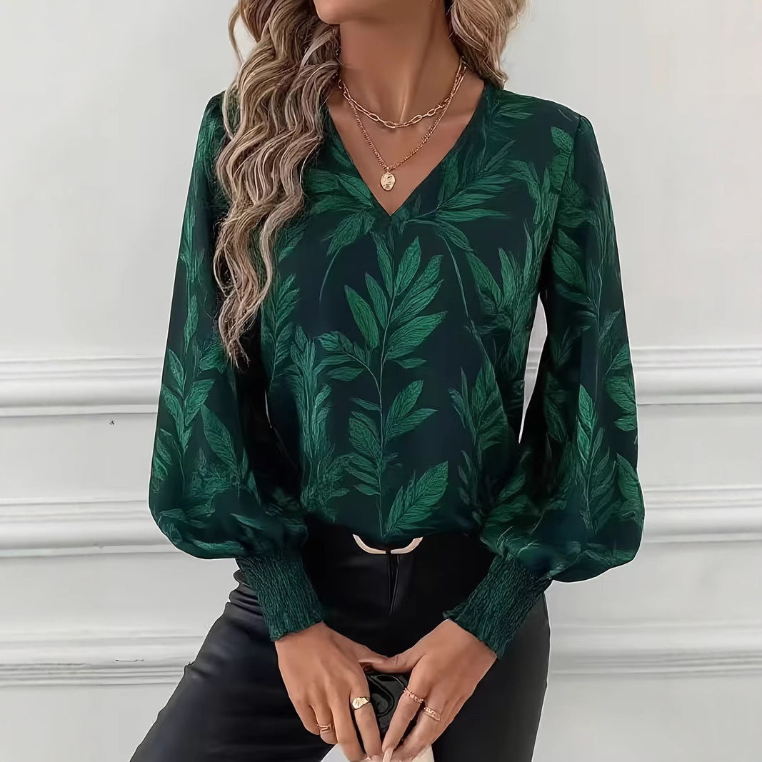 Womens Loose-Fit Printed Long-Sleeve Ruffled Shirt