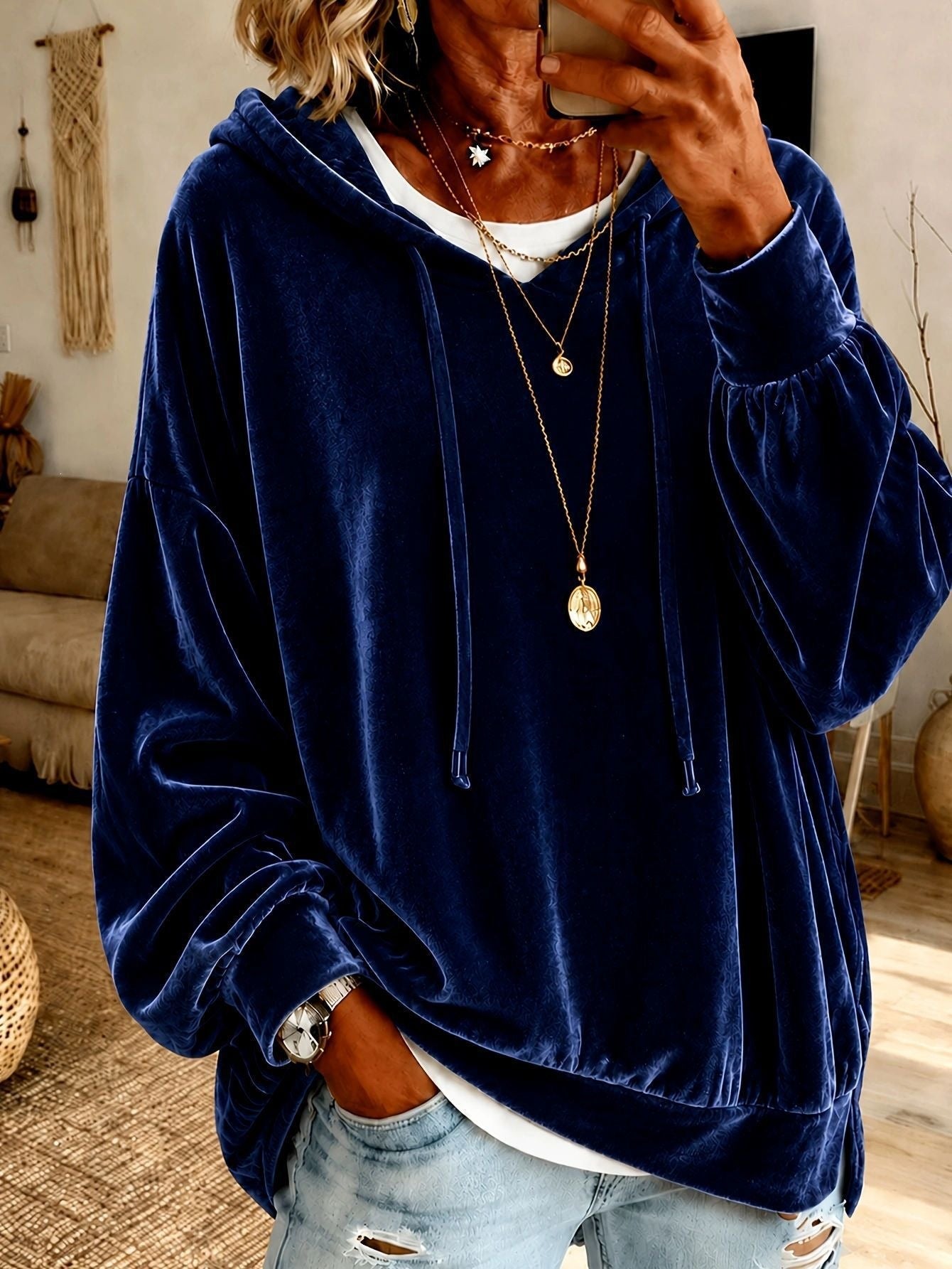 Women Casual Velvet Hooded Sweatshirt Long Sleeve Drawstring Loose Pullover Hoodie With Side Pockets Fall Winter Tops