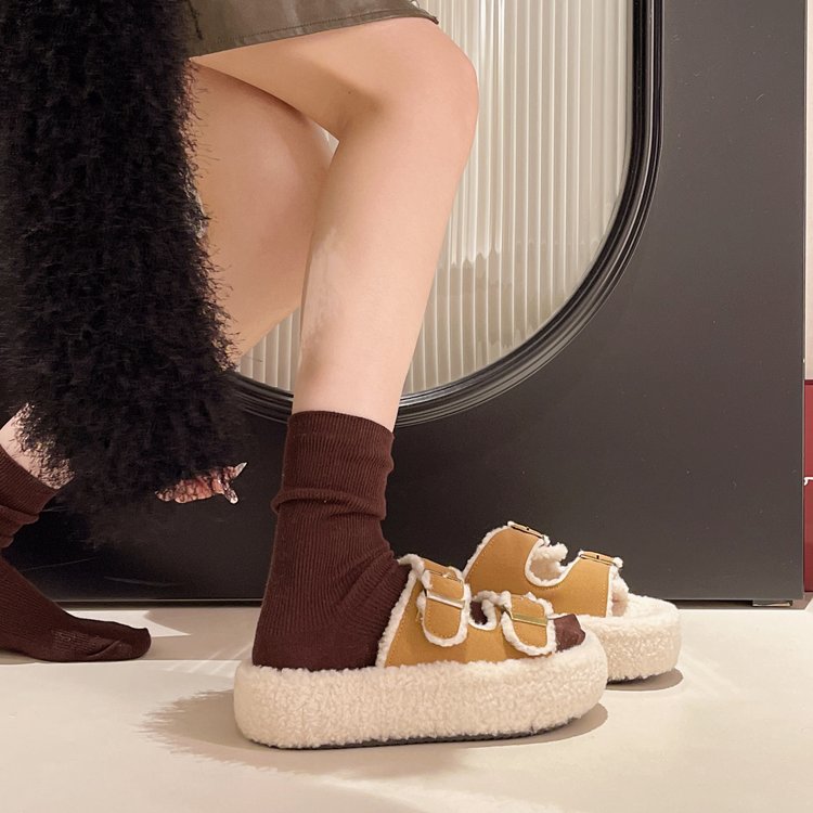 New Plus Size Platform Furry Slippers For Export, Single Strap With Buckle, Fleece Lined Thick Plush Warm Slides For Indoor & Outdoor Use