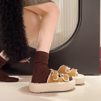 New Plus Size Platform Furry Slippers For Export, Single Strap With Buckle, Fleece Lined Thick Plush Warm Slides For Indoor & Outdoor Use