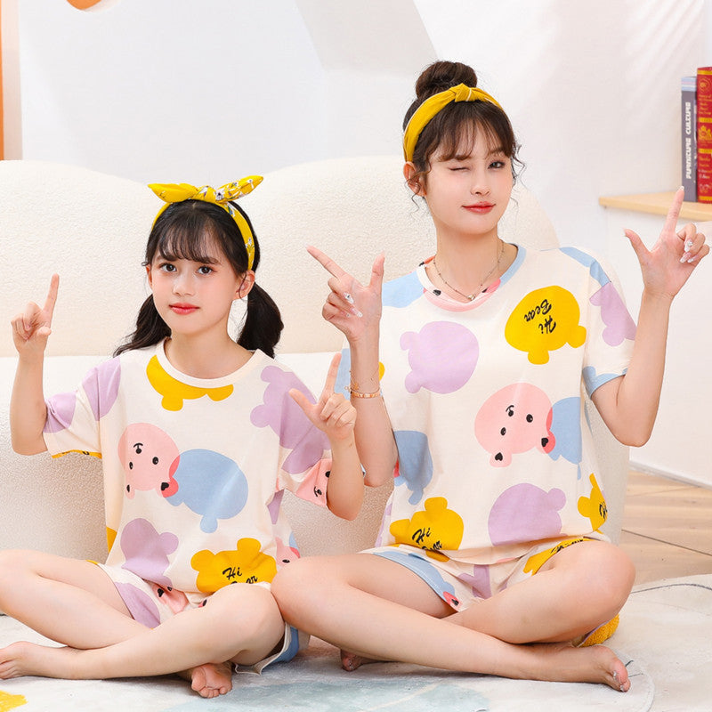 Children's Cotton Short-sleeved Home Wear Suit Parent-child Mother-daughter Home Cartoon Princess 2-piece Summer Thin Cotton