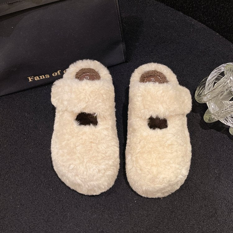 Women's Platform Closed Toe Furry Slippers For Outdoor Wear, 2026 Autumn Winter New Arrival, Fleece Lined Slip-On Height Increasing Cotton Slides For Petite Women