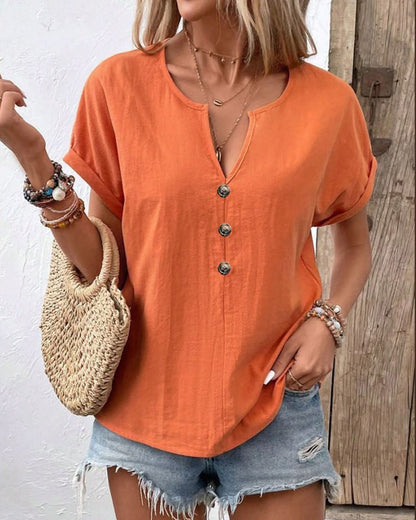2026 Summer New European And American Women's Button V-neck Short Sleeved T-shirt Top For Women