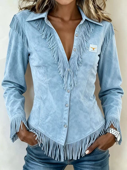 Spot Amazon Foreign Trade Cross-Border 2025 Western Cowboy Style Suede Tassel Slim Long-Sleeved Shirt