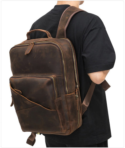 Leather Men's Computer Backpack, Leather Large Capacity Men's Business Travel Bag, Cowhide Backpack