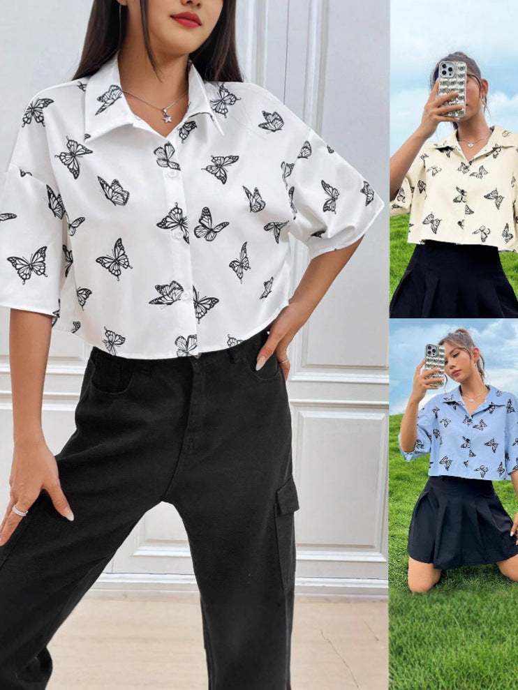 Women's Clothing Amazon TEMU Fashion Printed Short-sleeved Niche Butterfly Printed Shirt Women's Clothing