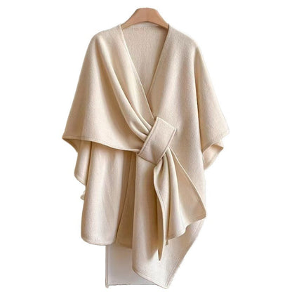 Faux Fur Collar Pom Pom Knitted Cardigan Cape - Women's Warm Winter Shawl Wrap Coat