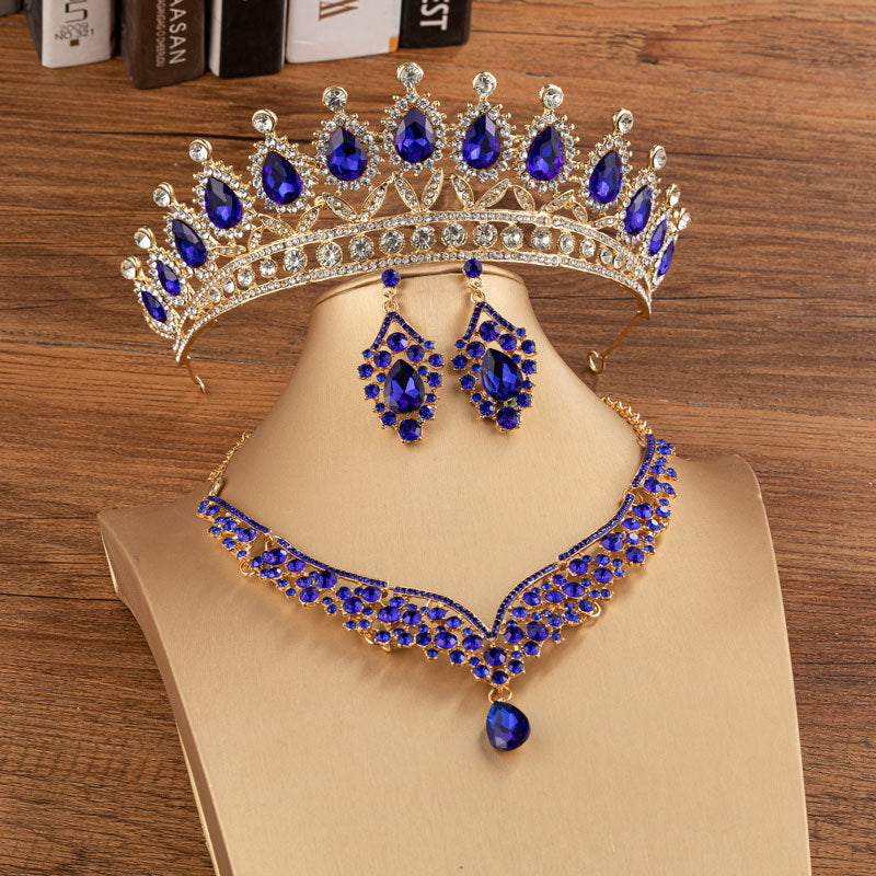 Elegant Bridal Alloy Diamond Crown Set with Exquisite Earrings and Necklace in 5 Colors