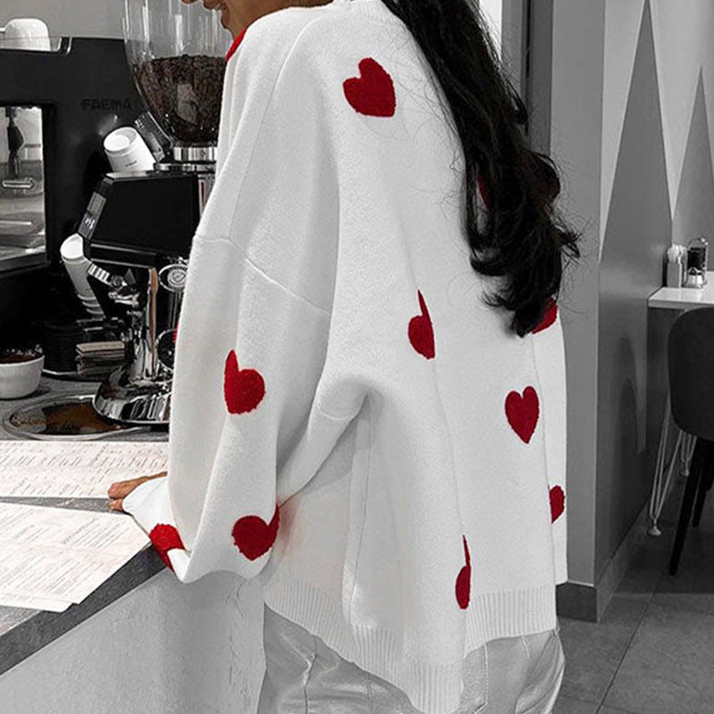 2024 European And American Pullover Love Sweater Crewneck Long Sleeve Loose Knitted All-match Sweater Casual Thickened Top