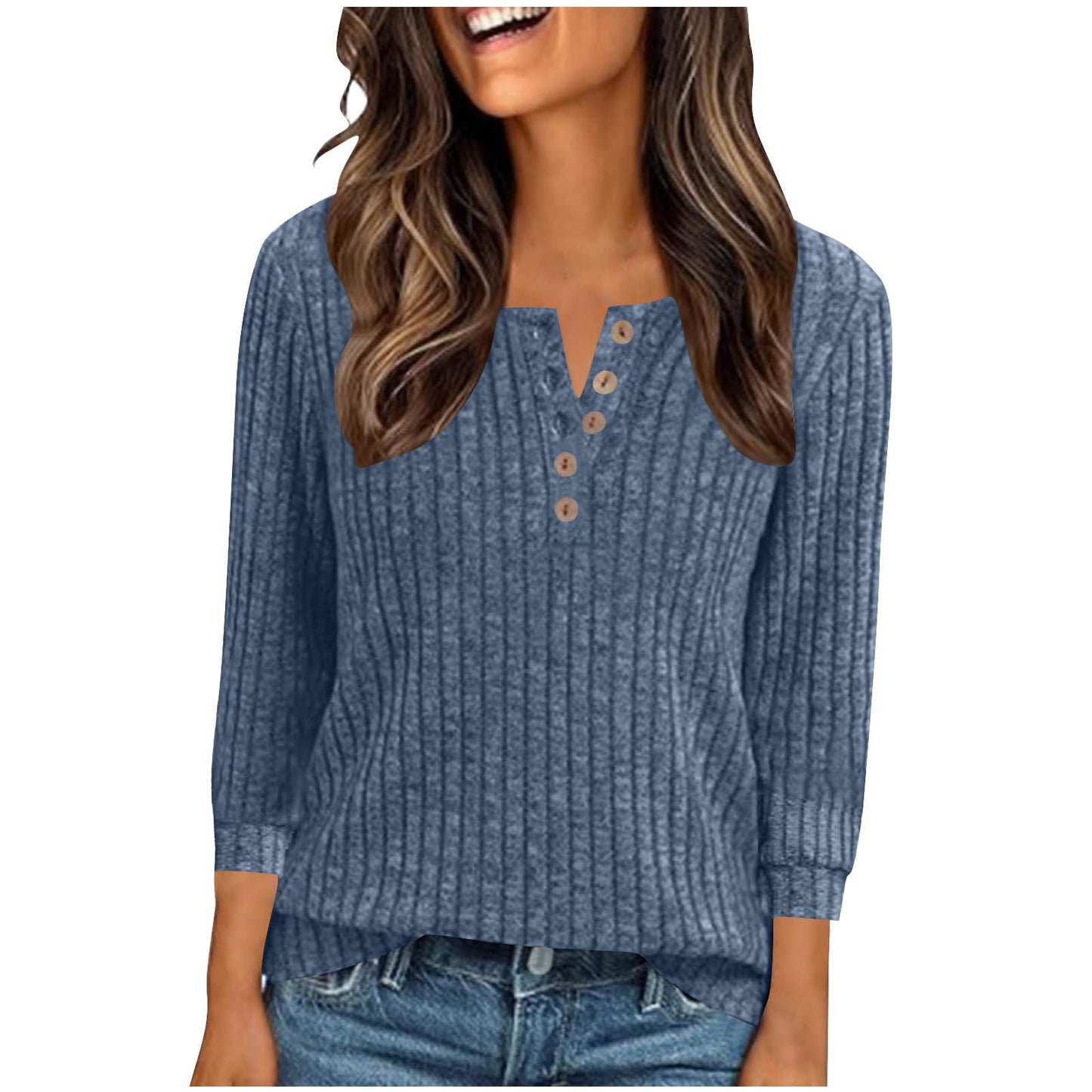 Women's V-neck Long-Sleeve Button-Down Knitted Sweater With Ribbed Pattern, Brushed Knit, Loose-Fit Striped Polo Shirt