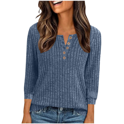 Women's V-neck Long-Sleeve Button-Down Knitted Sweater With Ribbed Pattern, Brushed Knit, Loose-Fit Striped Polo Shirt
