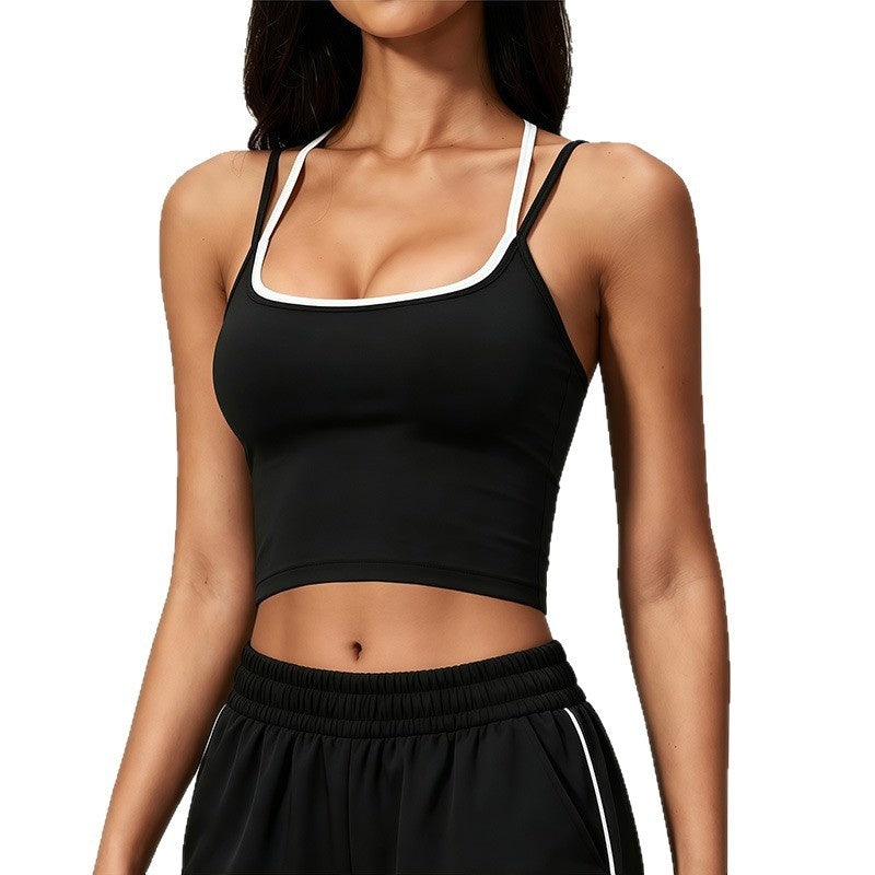 Color Block Sports Bra Halterneck Two Piece Faux Tank Top For Women