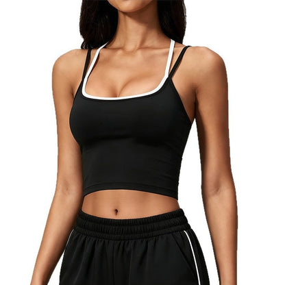 Color Block Sports Bra Halterneck Two Piece Faux Tank Top For Women