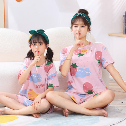 Children's Cotton Short-sleeved Home Wear Suit Parent-child Mother-daughter Home Cartoon Princess 2-piece Summer Thin Cotton