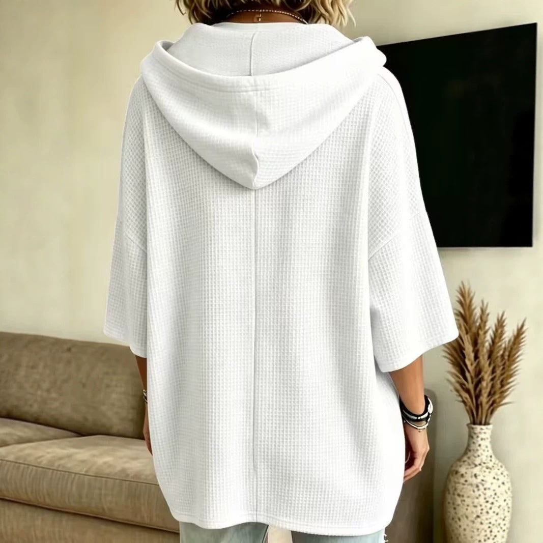 Women Casual Waffle Knit Hooded Tops Drawstring 3 4 Batwing Sleeve Loose Fit Solid Color Pullover Sweatshirt