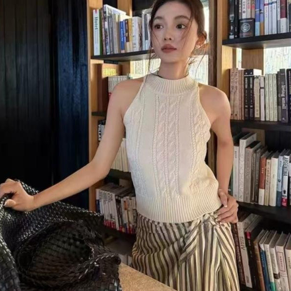 Minimalist Chic Halter-Neck Cable-Knit Textured Knit Vest For Women
