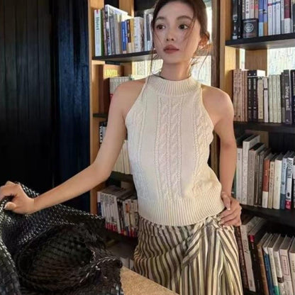 Minimalist Chic Halter-Neck Cable-Knit Textured Knit Vest For Women