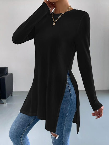 AliExpress Explosions Women's Long Sleeve Top TEMU Solid Color Hems Split Long T-Shirt Women