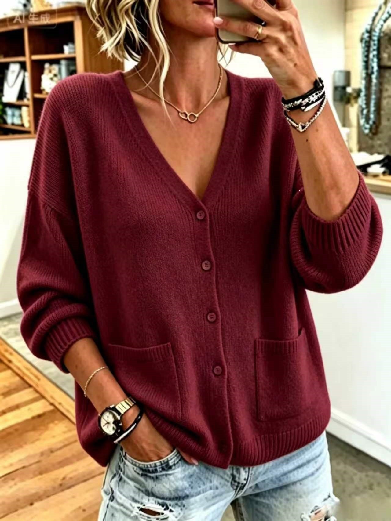 Solid-color Drop-shoulder Long-sleeve Soft Sweater