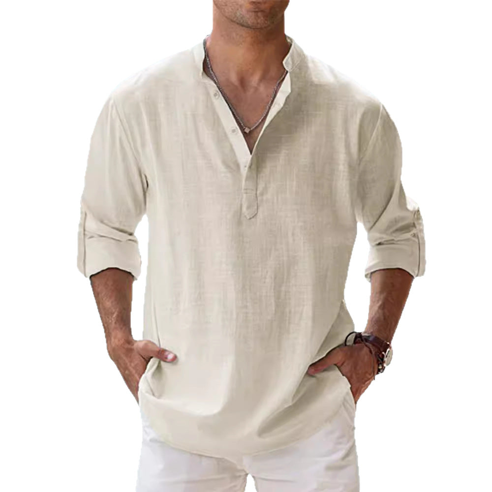 Trade Men's Linen Collar Long-sleeved T-shirt Loose T-shirt Solid Color Long-sleeved Cotton And Linen Shirt For Men