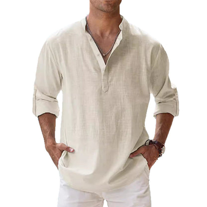 Trade Men's Linen Collar Long-sleeved T-shirt Loose T-shirt Solid Color Long-sleeved Cotton And Linen Shirt For Men