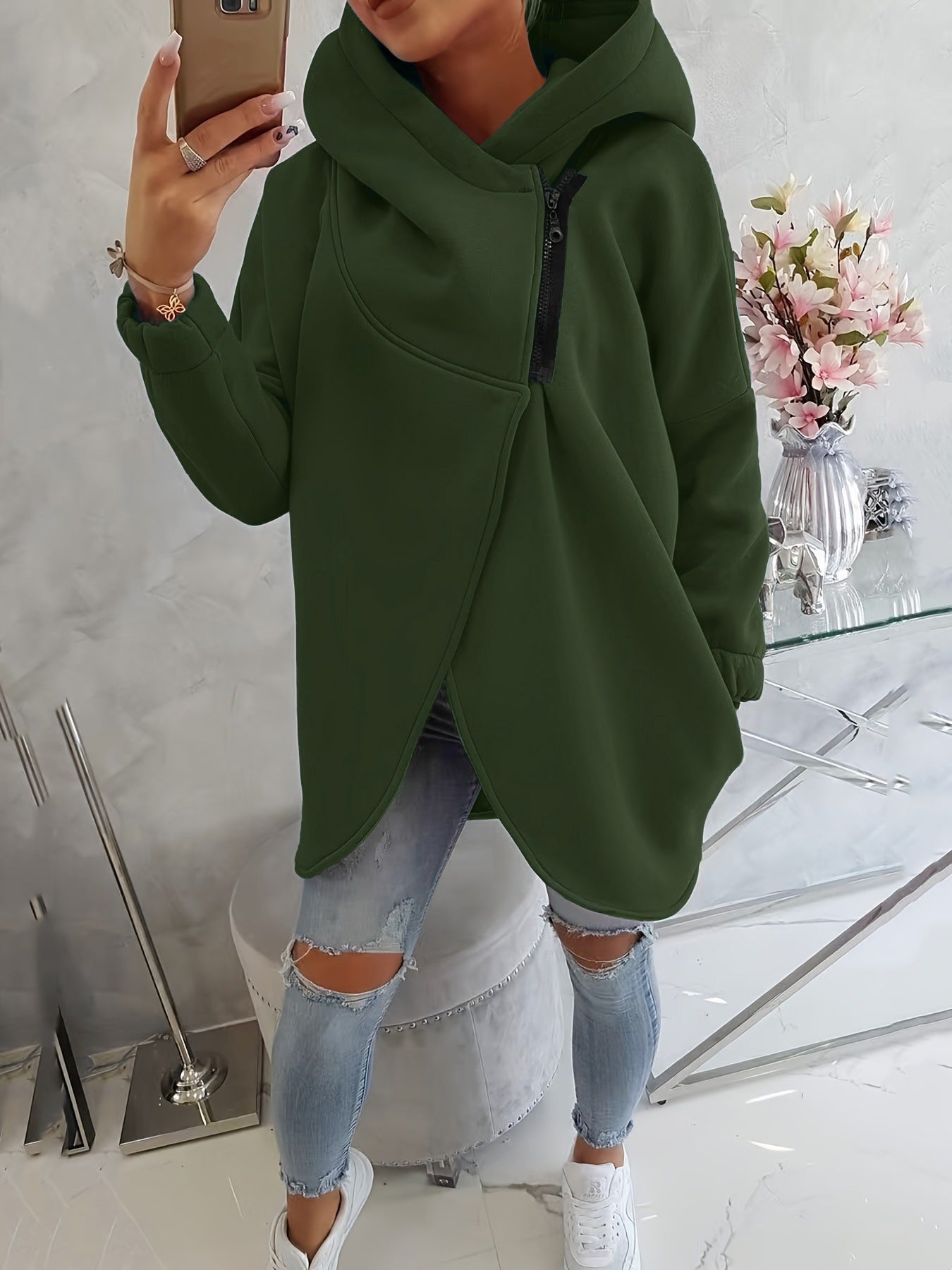2025 European And American Cross-Border Women's Long-Sleeved Casual Black Hooded Jacket Sweatshirt With Front Pocket Zipper Hoodie