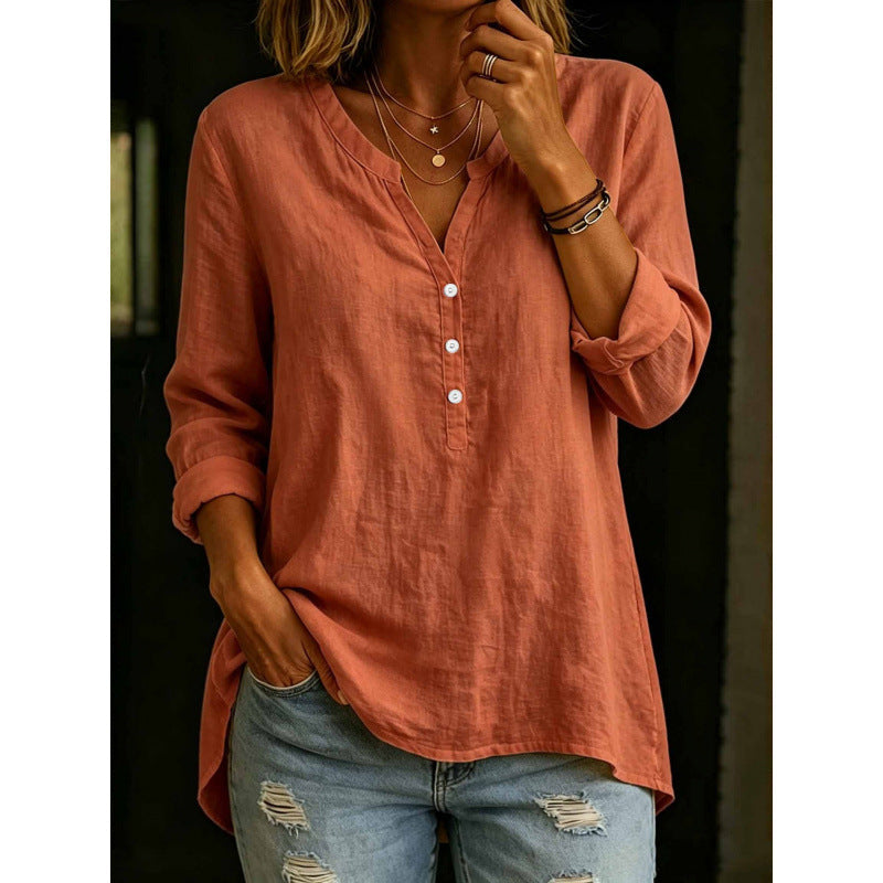Womens Solid-Color Casual Loose-Fit Button-Up Shirt