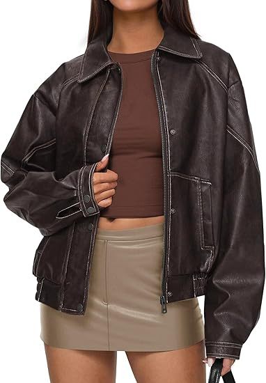 PU Jacket Womens Zip-up Casual Coat Leather Jacket