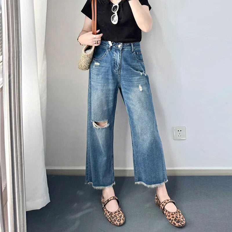 Comfortable Casual Washed Versatile Blue Capri-length Jeans For Outerwear