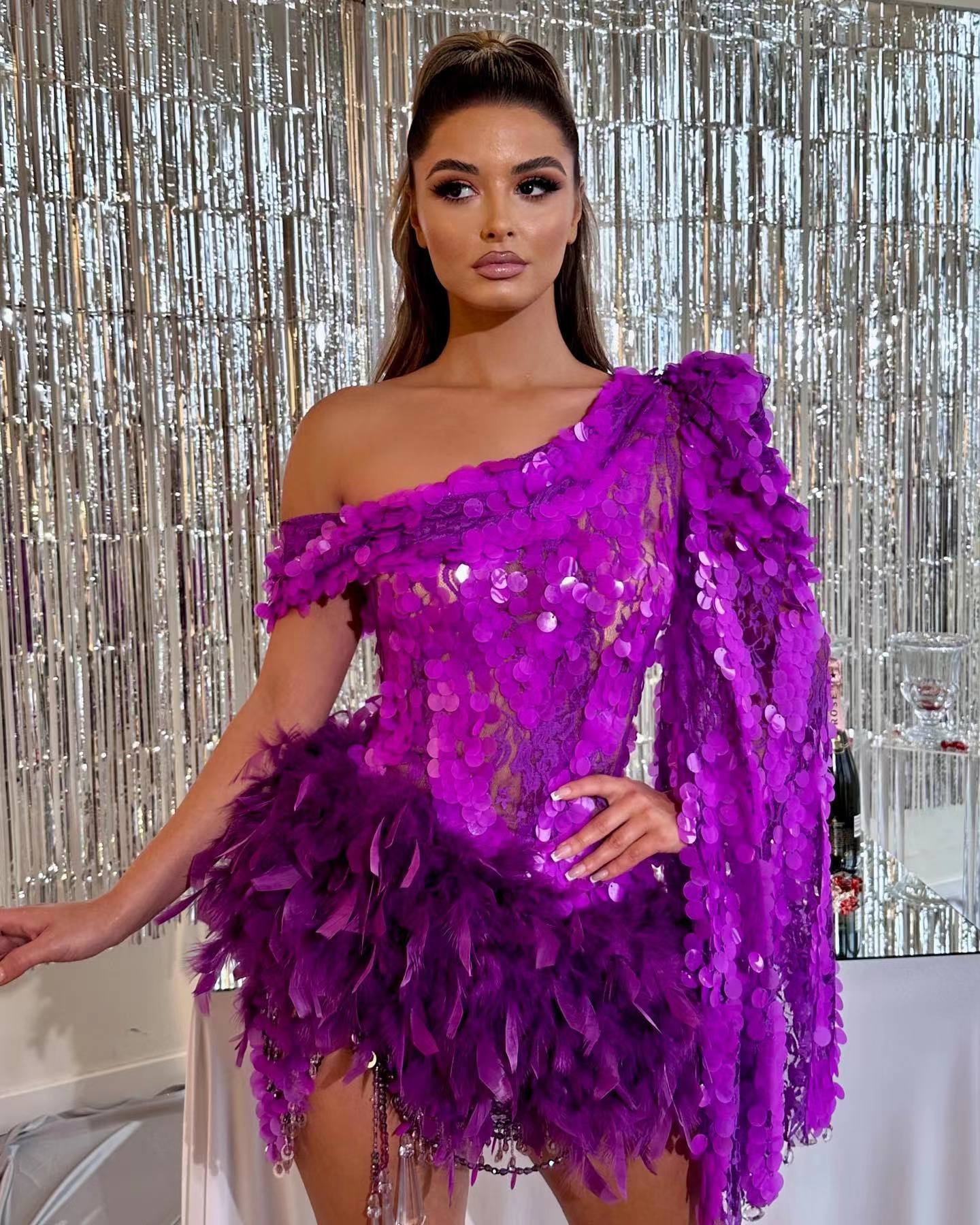 Purple Feather Sequin Dress