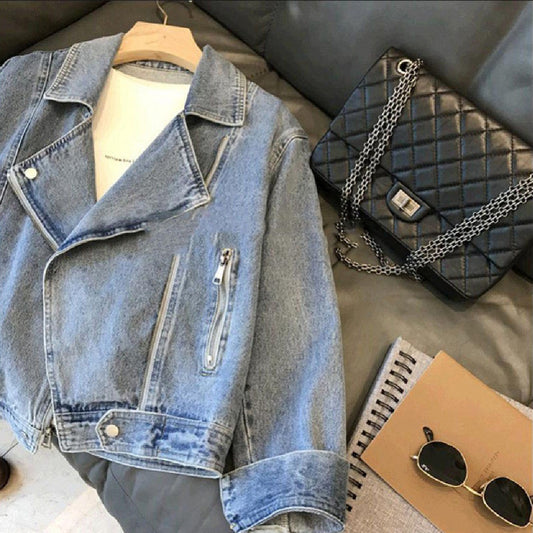Fashion Motorcycle Lapel Long-sleeve Zipper Denim Jacket