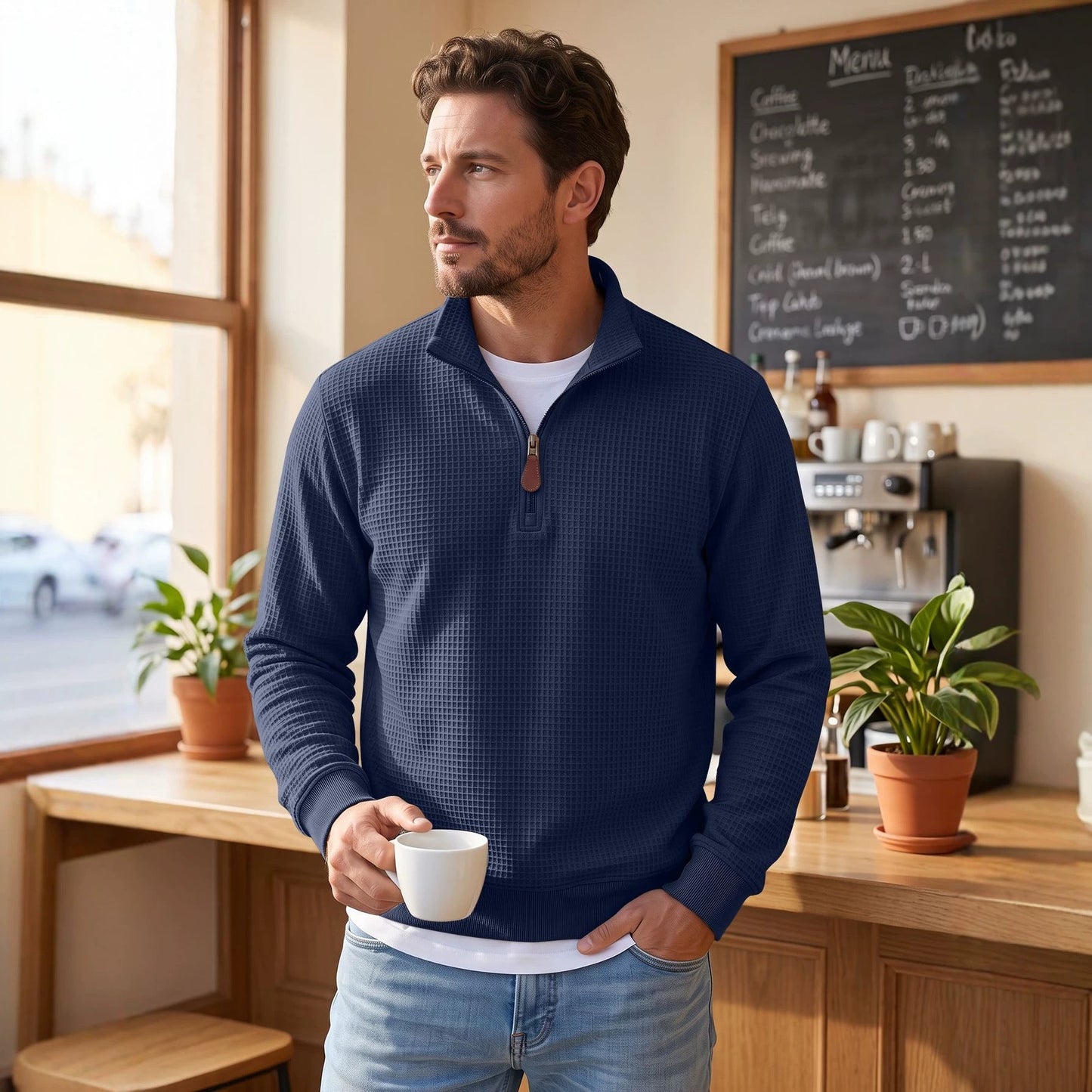 American-style Waffle Knit Half-Zip Stand Collar Men's Sweater, TK Foreign Trade Long Sleeve Pullover Casual Sweatshirt