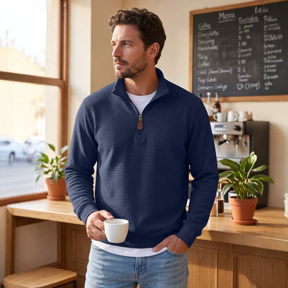 American-style Waffle Knit Half-Zip Stand Collar Men's Sweater, TK Foreign Trade Long Sleeve Pullover Casual Sweatshirt