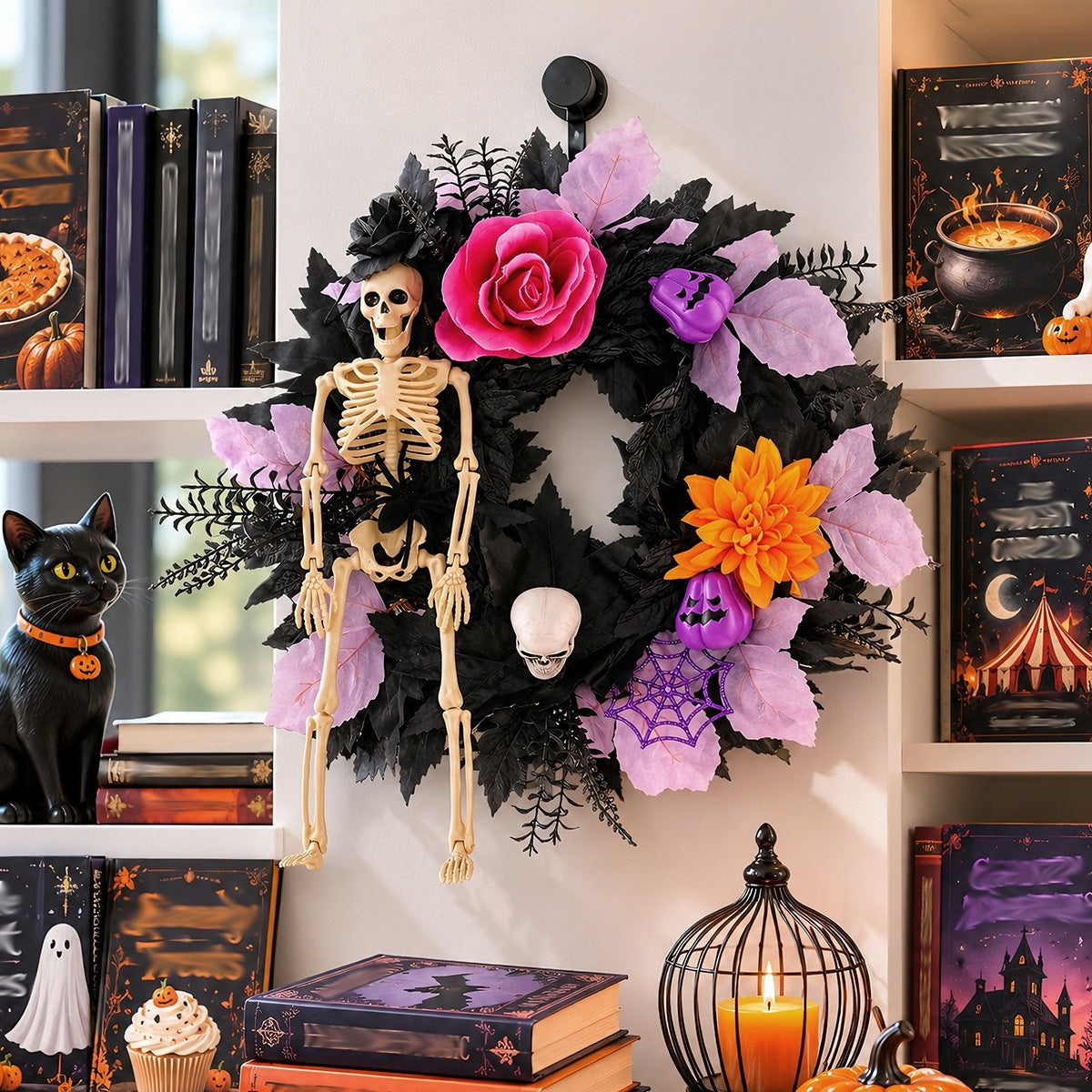 Halloween Skull Wreath Decoration - Spooky Gothic Door Hanger for Home Party Decor