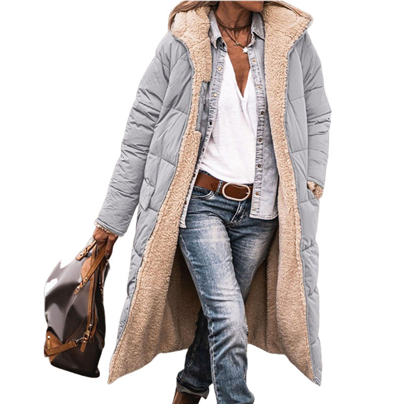 Long-sleeve Thermal Cardigan Hooded Cotton-padded Coat Mid-length