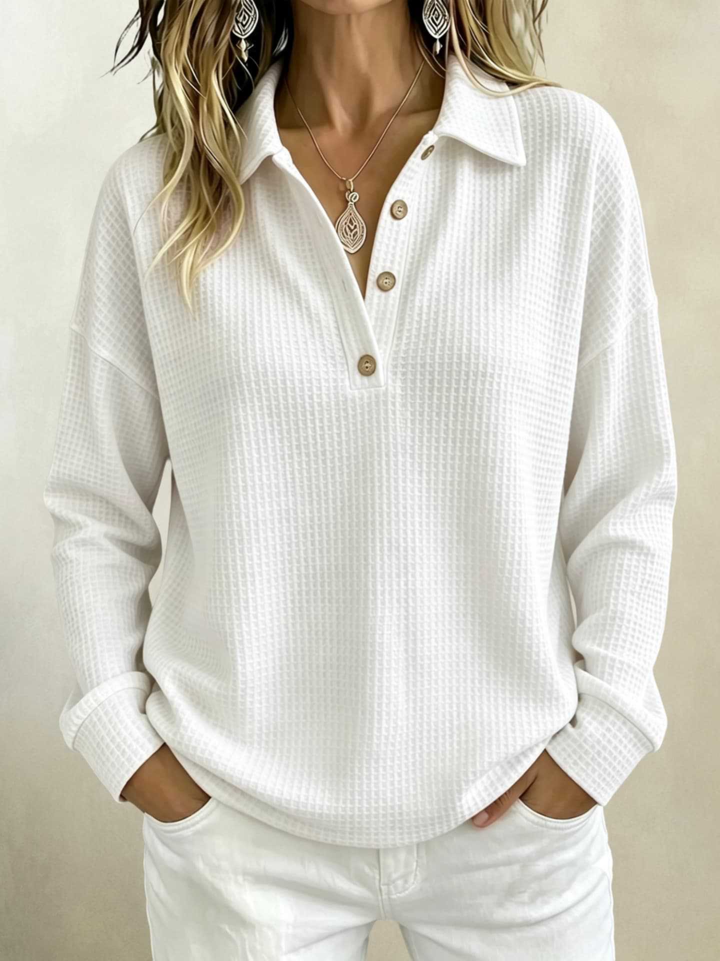 Womens Loose-fitting Long-sleeve Top With A Button-down Collar