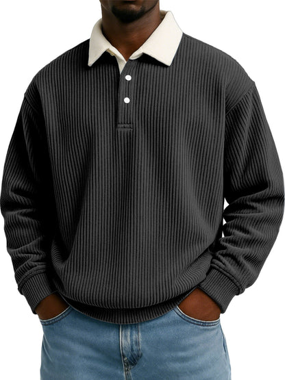 Mens Retro Color-block Corduroy Striped Casual Long-sleeve Shirt