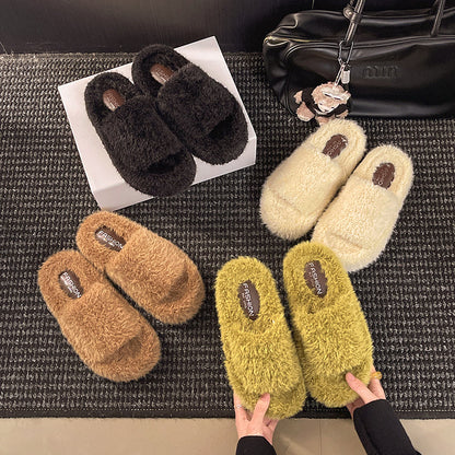 Platform Fall Winter Cotton Slippers 2026 New Fuzzy Slippers Women Outdoor Vintage Fashion Furry