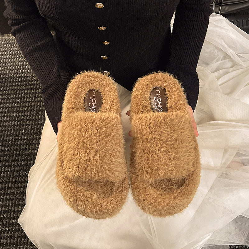 Platform Fall Winter Cotton Slippers 2026 New Fuzzy Slippers Women Outdoor Vintage Fashion Furry