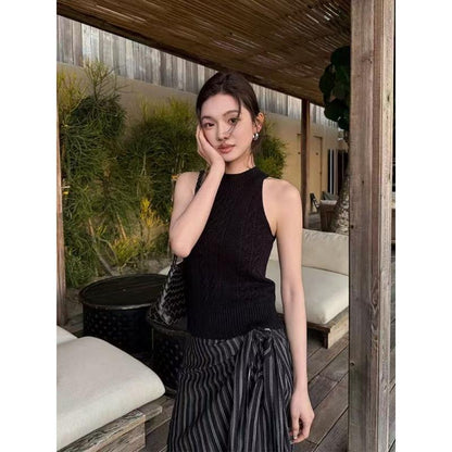 Minimalist Chic Halter-Neck Cable-Knit Textured Knit Vest For Women
