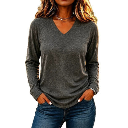Leisure Pullover V-neck Solid Color Loose Long Sleeves T-shirt