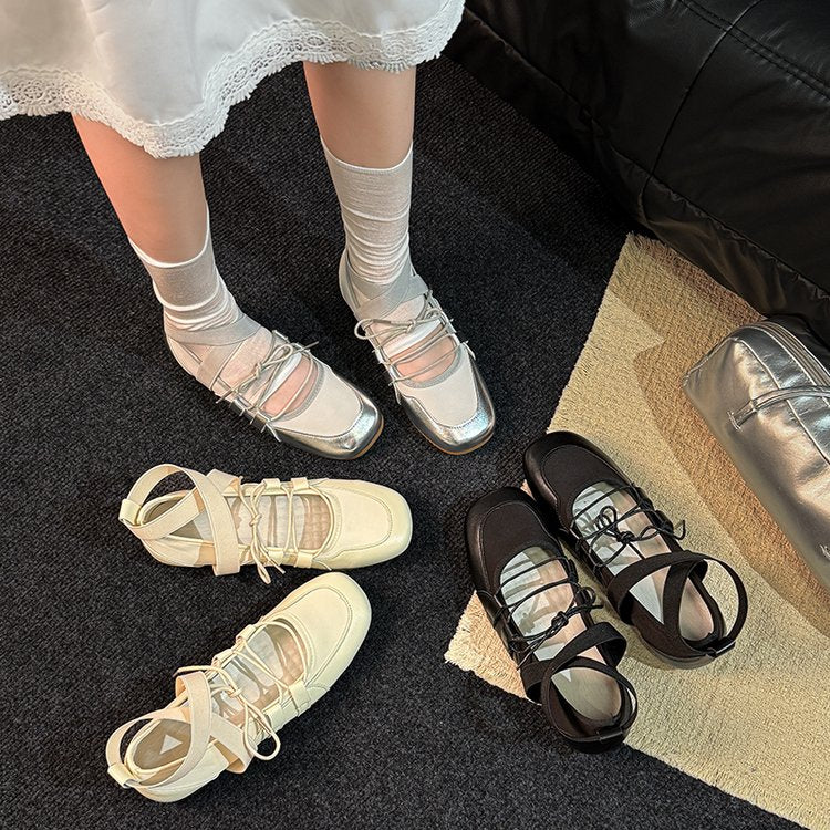 Ballet-style Leather Training Shoes For Women, Soft Sole Lace-up Sports Shoes, Casual Flat Shoes, French Round-toe Low-top Mary Jane Shoes