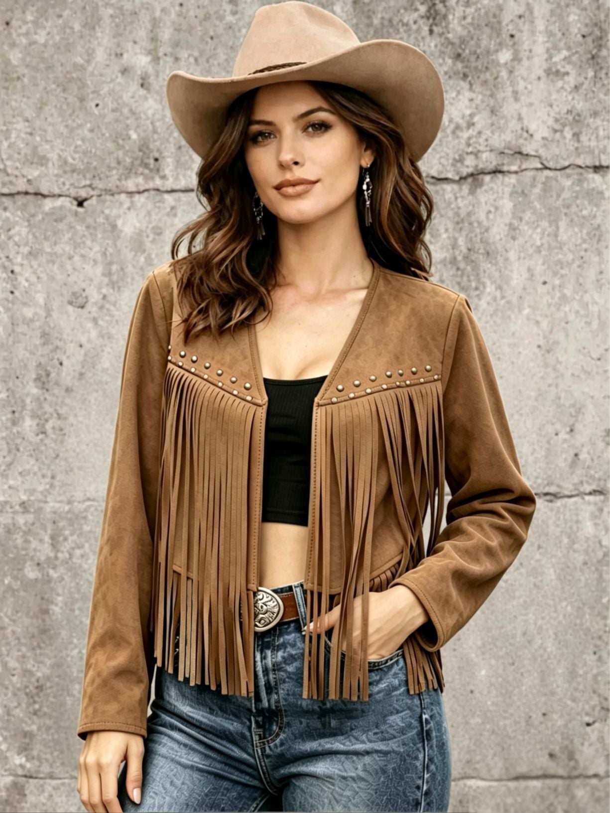 Womens Solid-Color Rivet-Embellished Long-Sleeve Cardigan Coat