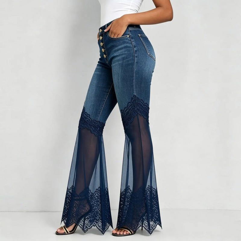 High-waisted Denim Flared Jeans With A Multi-tiered Asymmetrical Hem