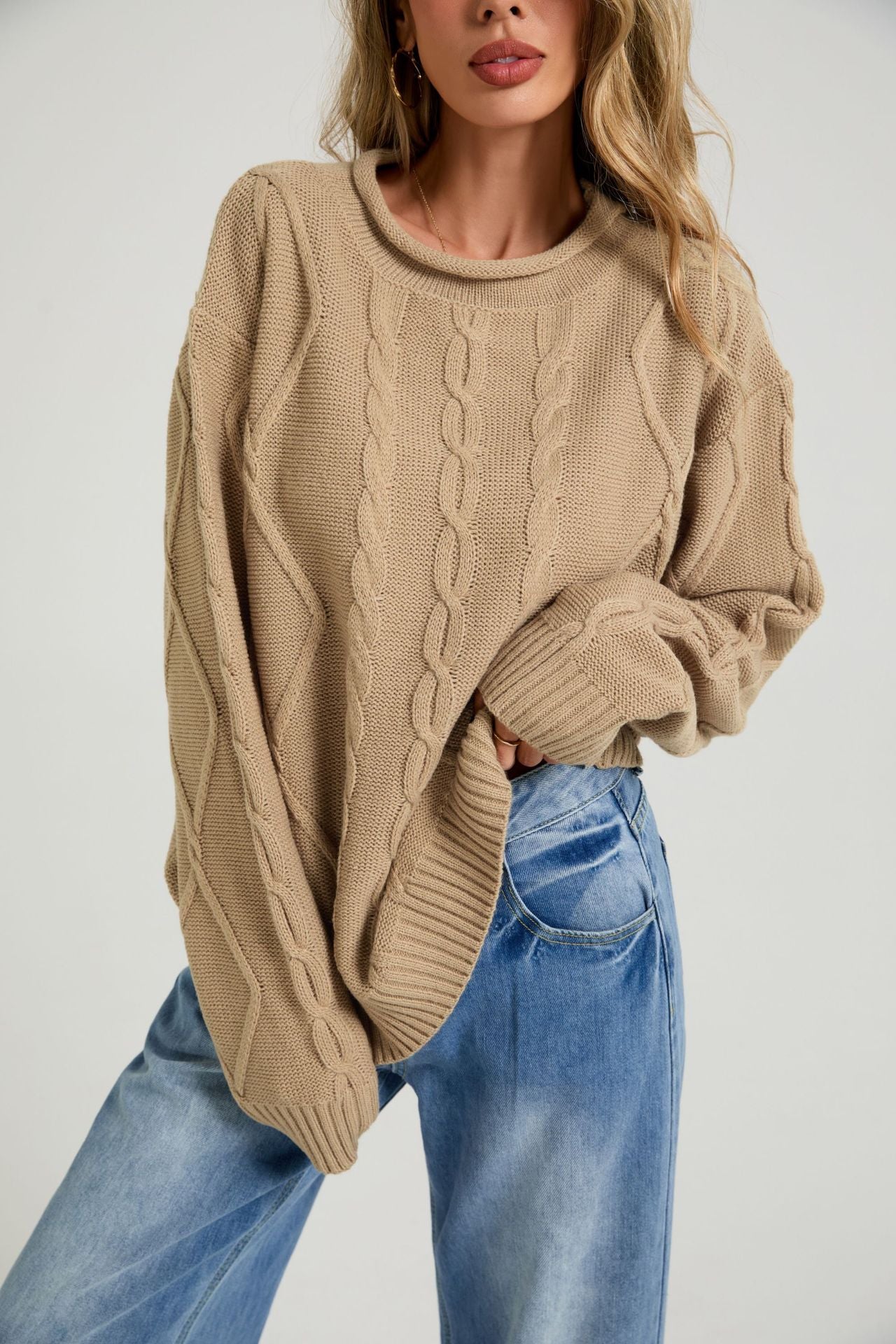 Womens European And American-style Loose-fitting Crew-neck Knit Sweater