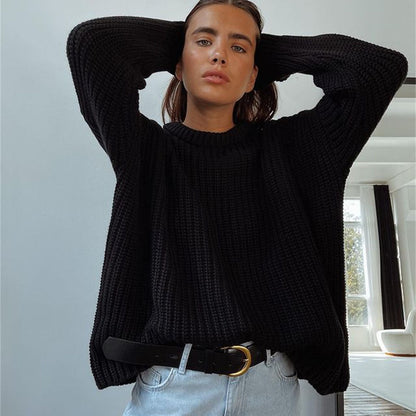Loose-fit Crew-neck Solid-color Long-sleeve Knit Cardigan